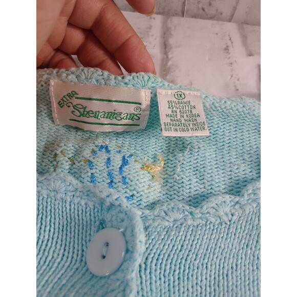 Vtg Extra Shenanigans Cardigan Sweater Women’s 1X  Baby Blue Fish Embroidered - Picture 10 of 16